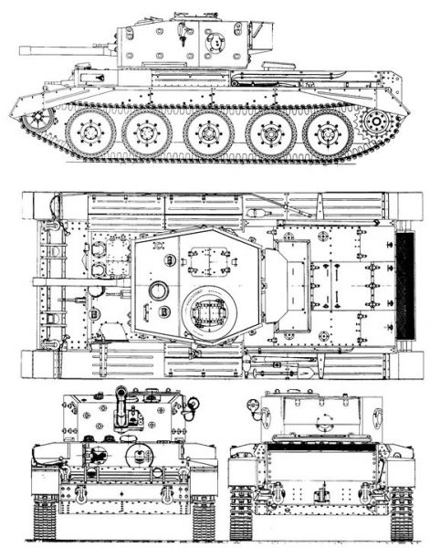 Cromwell has a classic layout. The crew consists of five people. Initially, the frame was made of riveted construction, but later welding was used. The boxy turret sat above the central fighting compartment, isolated both from the engine and front compartments.