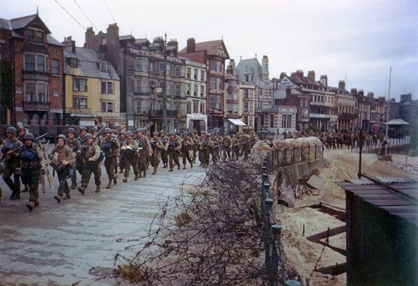 The 2nd Battalion US Army Rangers march to their landing craft in Weymouth, England. They were tasked with capturing the German heavy coastal defence battery at Pointe du Hoc.