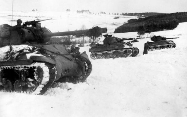 M36 and M4 of the 3rd Armored Division, Houffalize, Belgium, Battle of the Bulge, January 1945