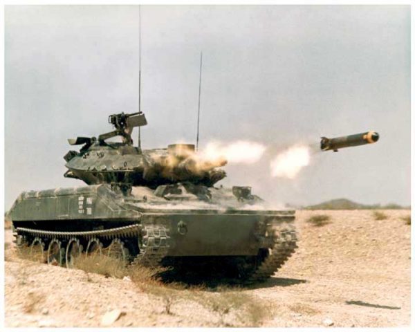 An XM551 Sheridan firing the Shillelagh missile.