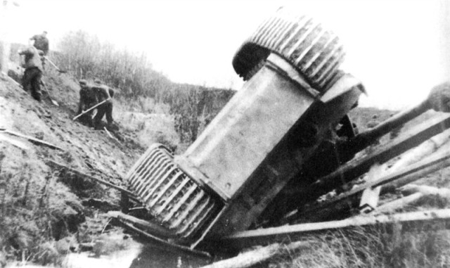 On 23 November 1943, Tiger 133 crashed through this wooden bridge near Putoschka, killing the tank commander