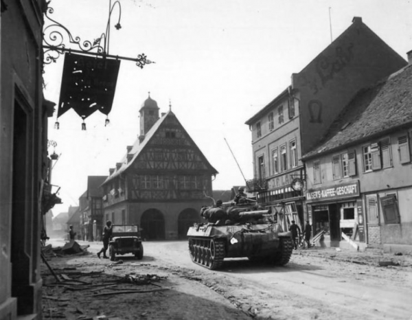 Jeep and Hellcat of the 8th Armored Division at Rheinberg 6 March 1945