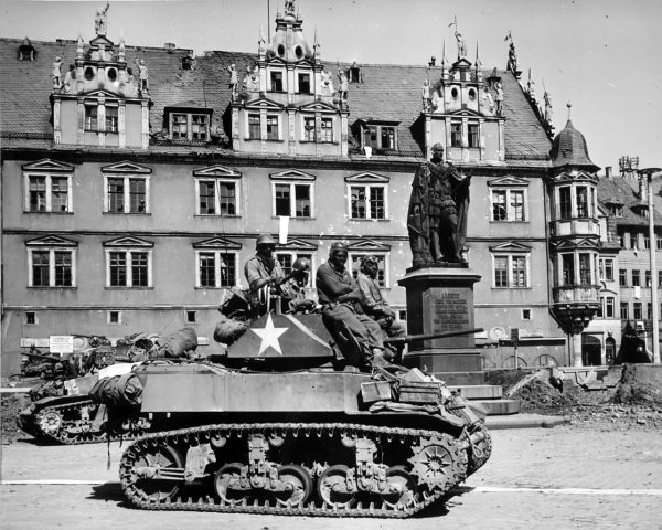 Tankers from Company D awaiting the next mission in Coburg, Germany, April, 1945