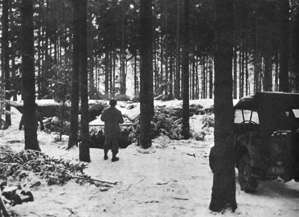 A camouflaged forest pillbox like those built by the I&R platoon