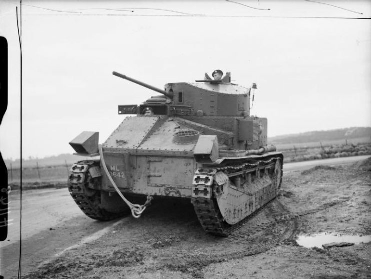 Front view of the Vickers Medium Mk II tank of the Royal Tank Regiment at Farnborough, 1940.