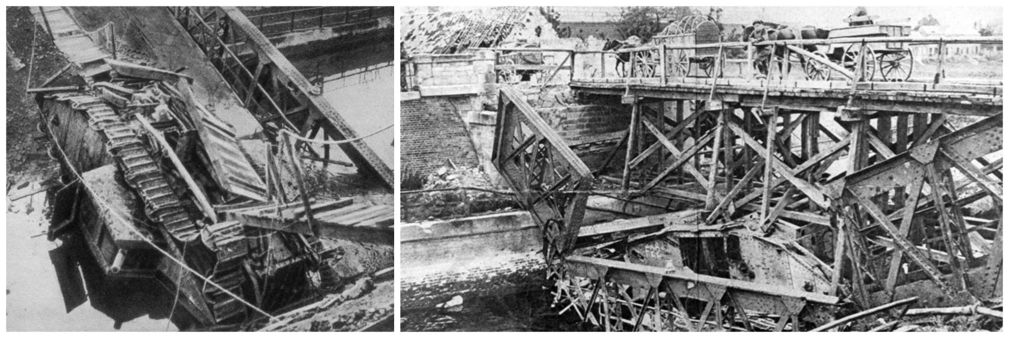 This British Mark V “Flying Fox”  collapsed a canal bridge at Masnieres.  All of the crew survived. The wreckage of the tank was later used as the foundations of a new bridge erected by the Germans.