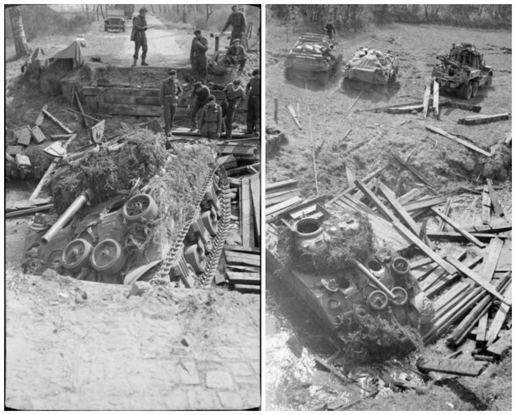 Recovery vehicles prepare to tow a Sherman tank of the Irish Guards out of a stream where it landed after collapsing a bridge on the slip road leading to the Bremen-Hamburg autobahn, 20 April 1945.