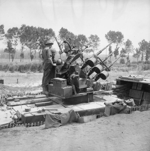 Crusader AA tank variant mounting a triple Oerlikon gun in a hull-down position, 19 July 1944