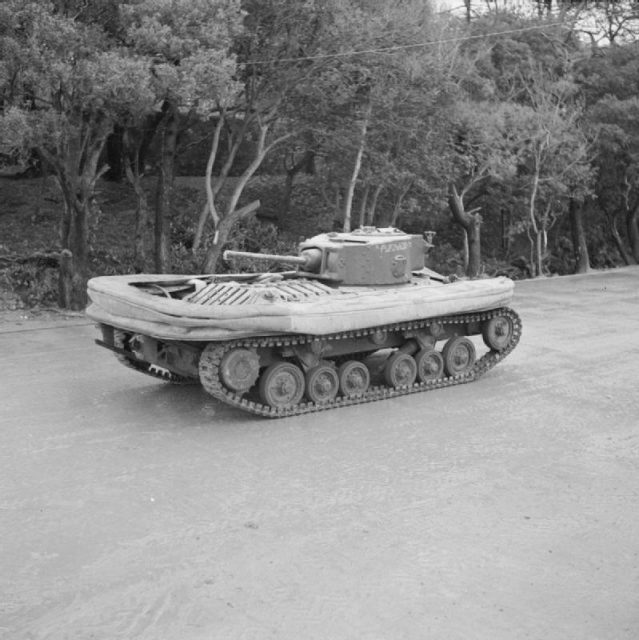 Valentine DD tank with screen lowered, 1944